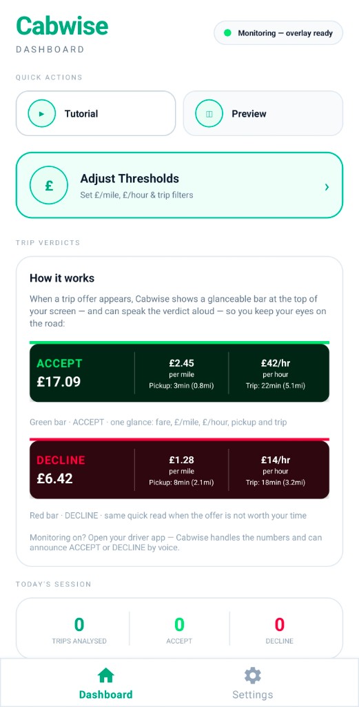 Cabwise dashboard with trip guidance