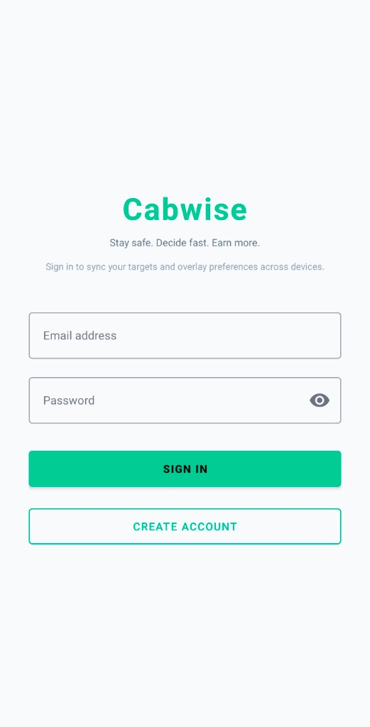 Cabwise sign-in screen